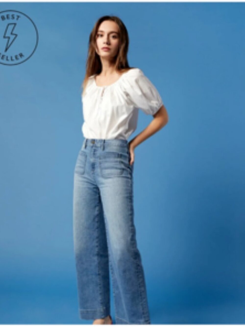 Ann Mashburn Wide Leg Jeans Coco Column Patch Pocket Stretch Denim 25